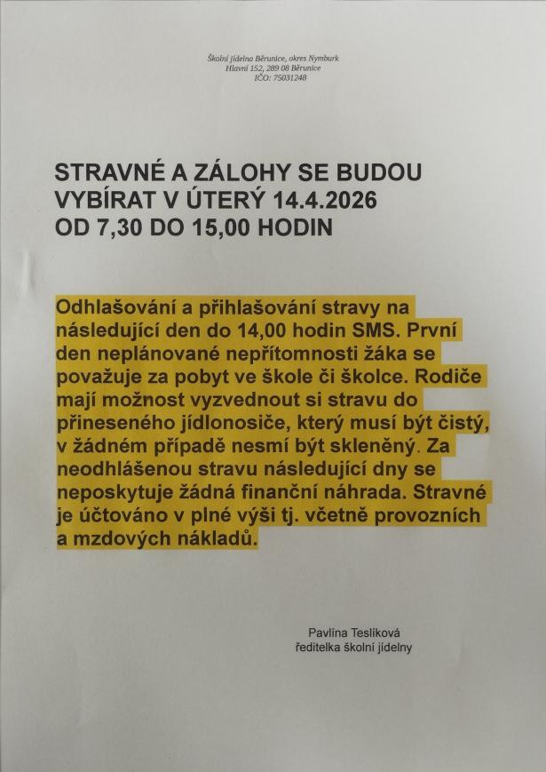 Platba stravného 14.4. 2026